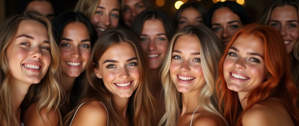 Group portrait of beautiful girls, blondes, brunettes, redheads, super happy, partying, perfect faces, perfect eyes, crowded together
