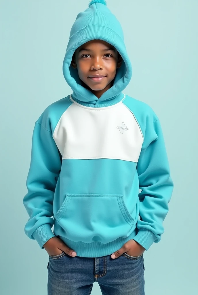 I need you to draw a  sweatshirt design where the inside color is turquoise blue and the sleeves are ice white (American style with a beanie) Now that the sweatshirt is more blue

