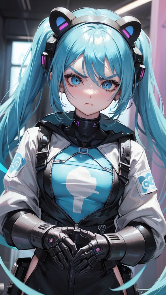 1 girl, anime, high quality, intricate details, futuristic setting, short, robotic, cybernetic, futuristic fashion, pasel blue hair, bear ears, dot eyebrows, angry pout, streetwear, pastel blue and black outfit, pastel blue eye, pigtails, circle eyebrows