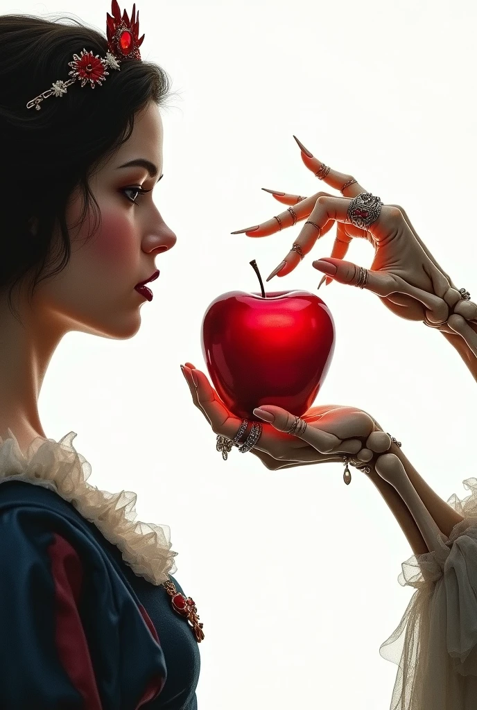 Create an image of an apple highlighted showing the stepmother's hand handing that apple to Snow White. com o fundo branco
