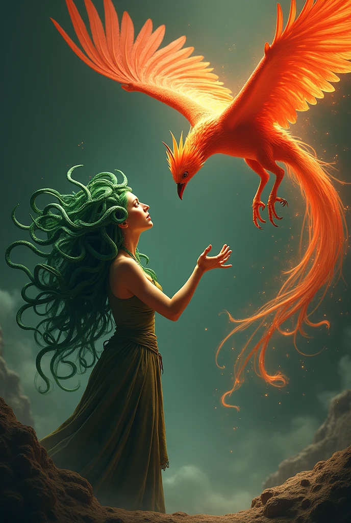 Visualize Medusa in her classic mythological form, with her hair composed of serpents that slither and coil, noticeable in a way that makes it clear they are snakes. She is with her fixed gaze and intense expression, and her eyes convey the essence of petrification. Instead of a butterfly, She is extending her hand towards a majestic phoenix, Descending towards her fingers. The phoenix is bright and resplendent, With fiery colors, intense reds and oranges contrasting with Medusa's green. The phoenix seems to be in full flight, Its wings outstretched and its tail undulating, radiating a burning aura as she approaches Medusa. The environment could be a dark and mystical landscape, accentuating the dramatic and fantastic image of this scene. I want Medusa to have more emphasis on the snakes in her hair and a fearsome look, and the phoenix to have something like feathers on top of its head as part of its body, so to speak.. I want to complete the image so I can put a title on it.
Now I just want the background of all that.