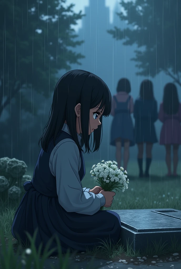 10-year-old anime girl with dark brown skin and straight black hair , slim, blue-eyed, short stature, dressed elegantly, looking at a grave with white flowers in her hands, while she is sitting in a cemetery looking at her mother's tombstone with a cold look, with a little rain and people around