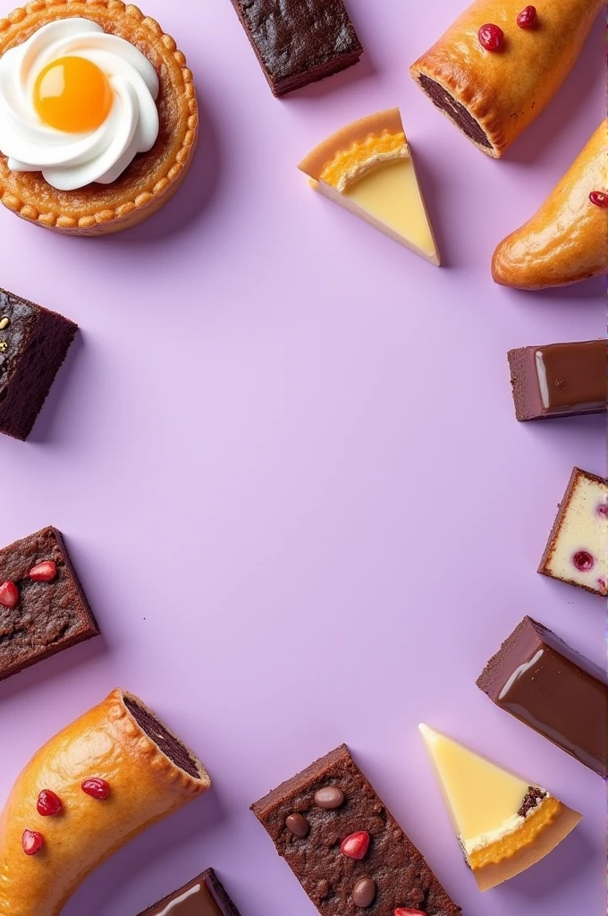 create three Instagram posts, size 4:o that when they are combined it looks like a complete image, with a lilac background and the text in the center saying "yaqui.sieras22" and around everything there are desserts like baked empanadas, brownies, flanes, cakes