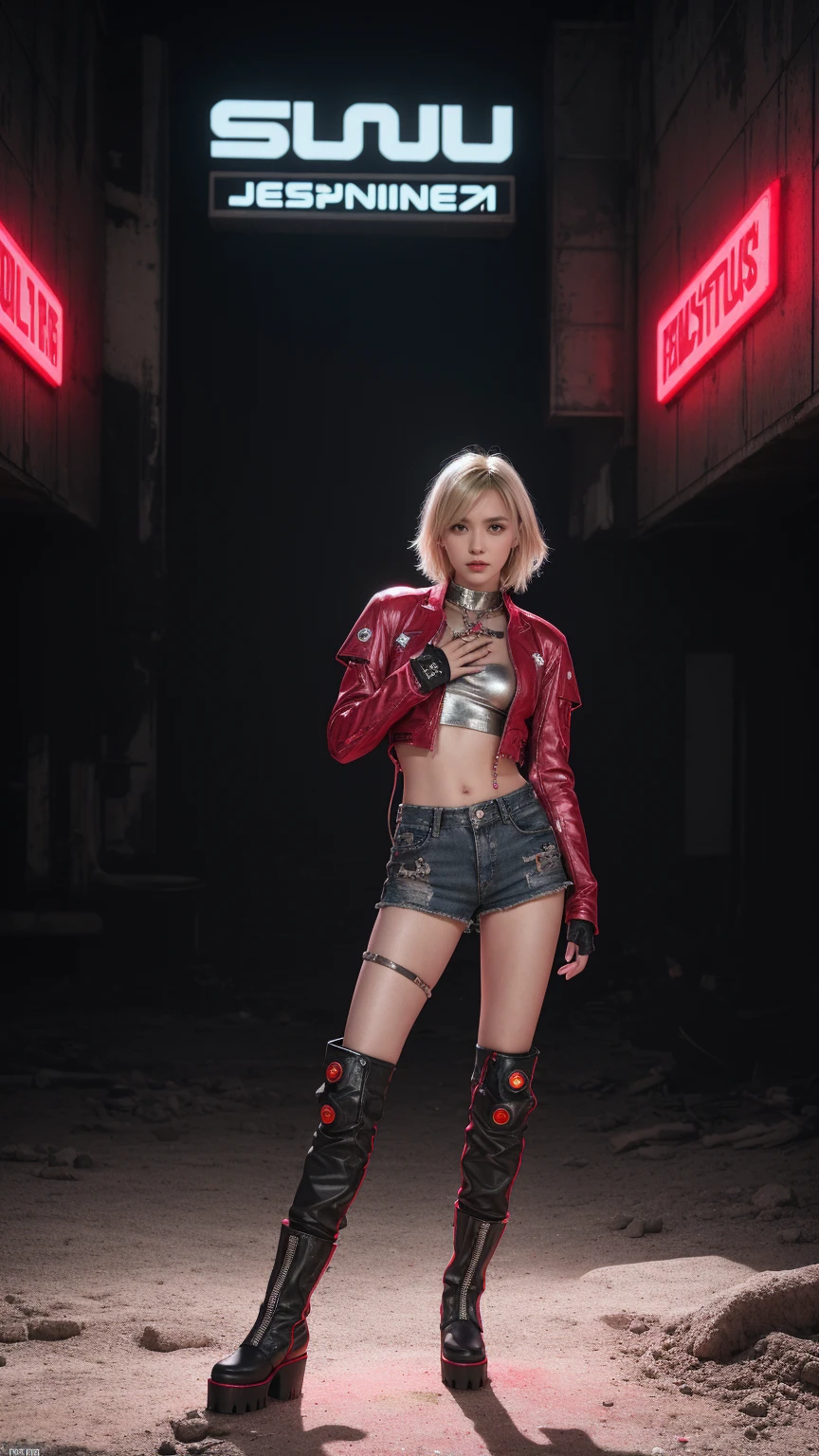 A girl posing in front of a deserted wasteland:1.3. she is wearing dust, colorful outfits with a futuristic, cyberpunk aesthetic. The overall mood is playful and energetic. Silver boots, blonde wolfcut hair, jean Paul Gaultier, clut studio, the themed color is black and red maroon