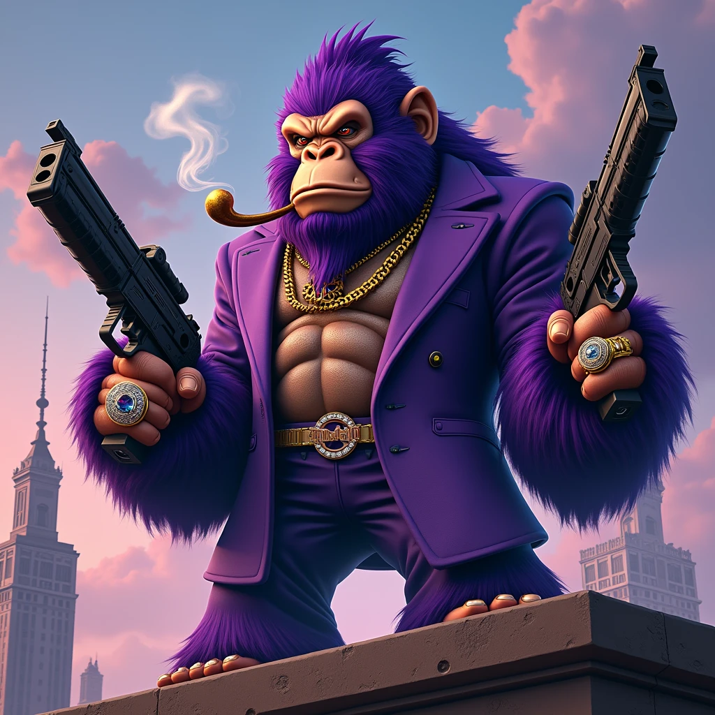 1 purple ape, on the roof of a building, With giant and high-caliber weapons, with gangster SUIT with chains, tattooed, with huge diamond and gold rings, smoking with a pipe, with letters that say "first drop"
