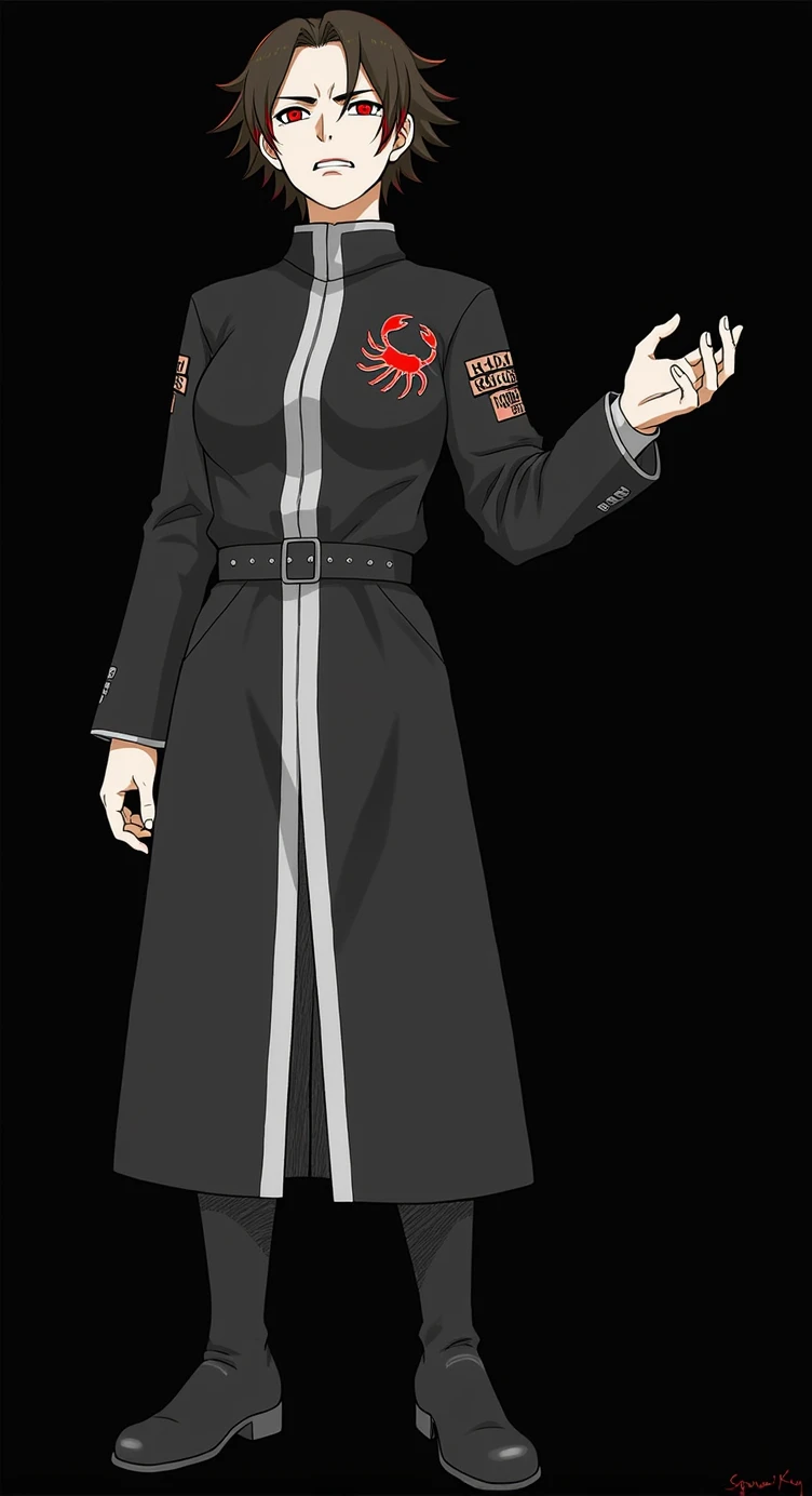 Slim girl with a well-worked body of white skin, messy short dark brown hair with red streaks, red eyes, Irritated facial expression. Japanese gang uniform in black with the emblem of a red scorpion on the back, and on the sleeves it says Red Scorpion Tokyo Revengers style drawing 