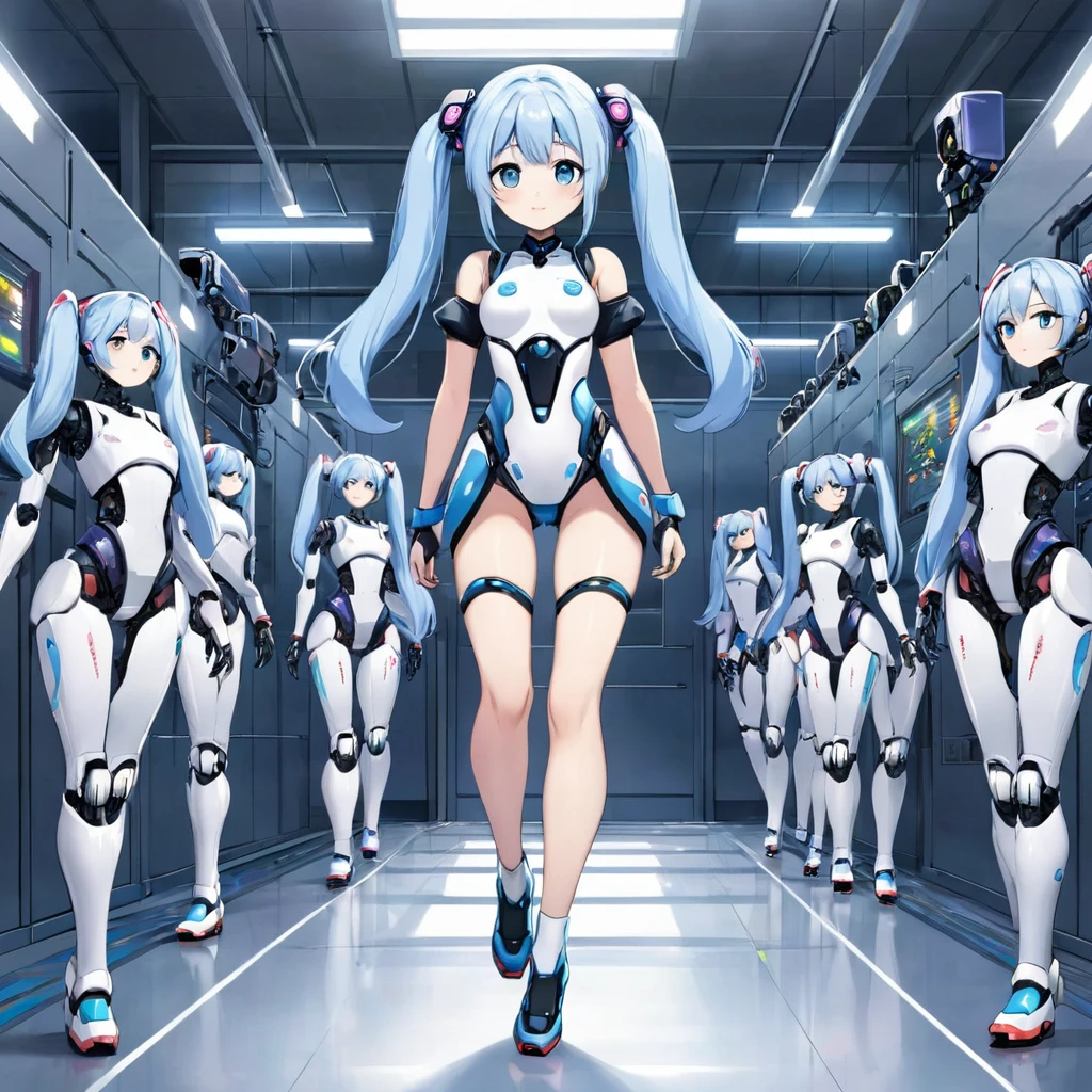 Light blue long hair、Beautiful girl with twin tails、There are many small robot girls lined up around.、Robotics manufacturing laboratory、The robots all start running at once.、Splash Art