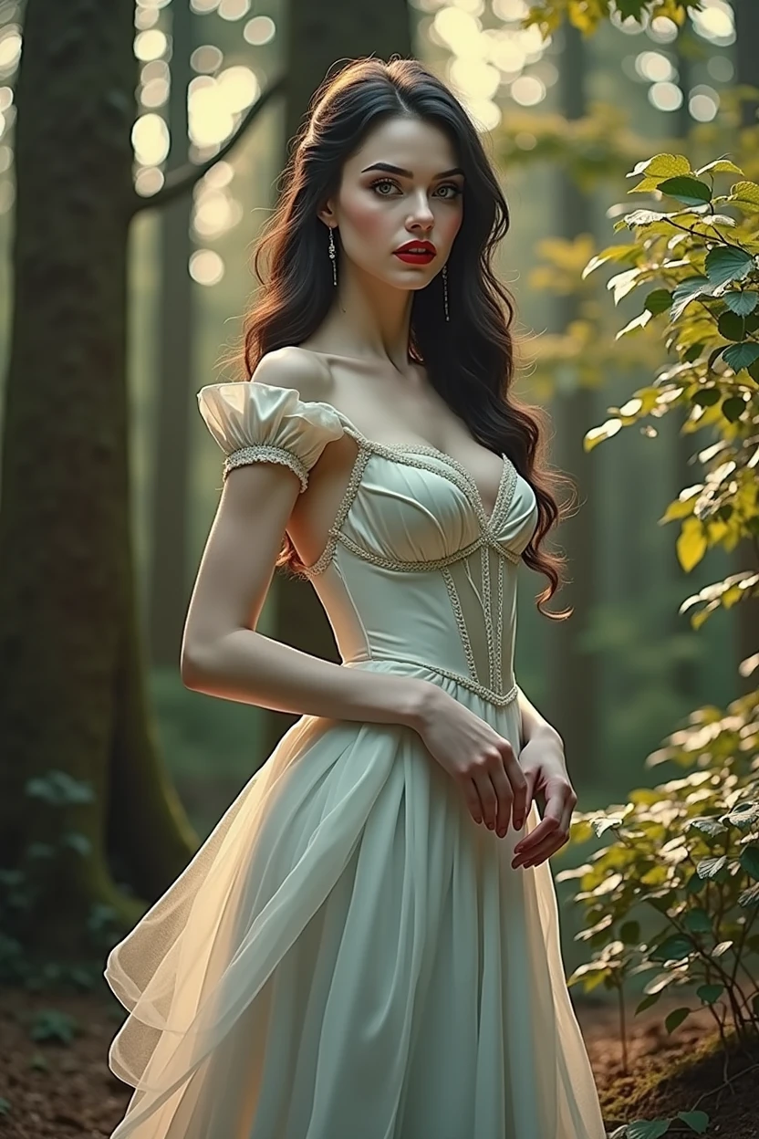 a sexual snow white girl, full body, sensual, hyper realistic, 1girl, beautiful detailed eyes, beautiful detailed red lips like blood, her skin white as snow, extremely detailed face and body, long eyelashes, cinematic lighting, photorealistic, 8k, (best quality, 4k, 8k, highres, masterpiece:1.2), ultra-detailed, (realistic, photorealistic, photo-realistic:1.37), sharp focus, physically-based rendering, professional