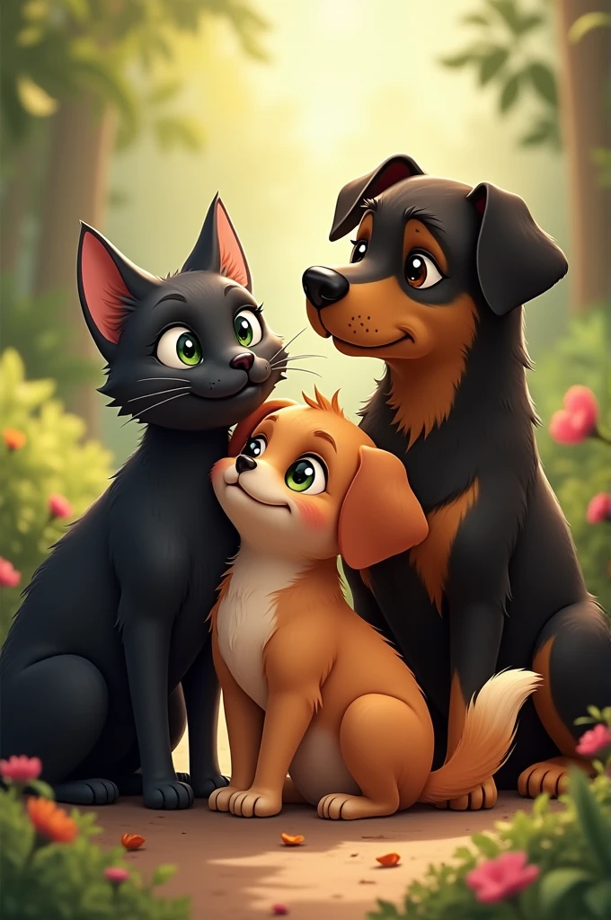 a black cat, a caramel dog and a black dog friends