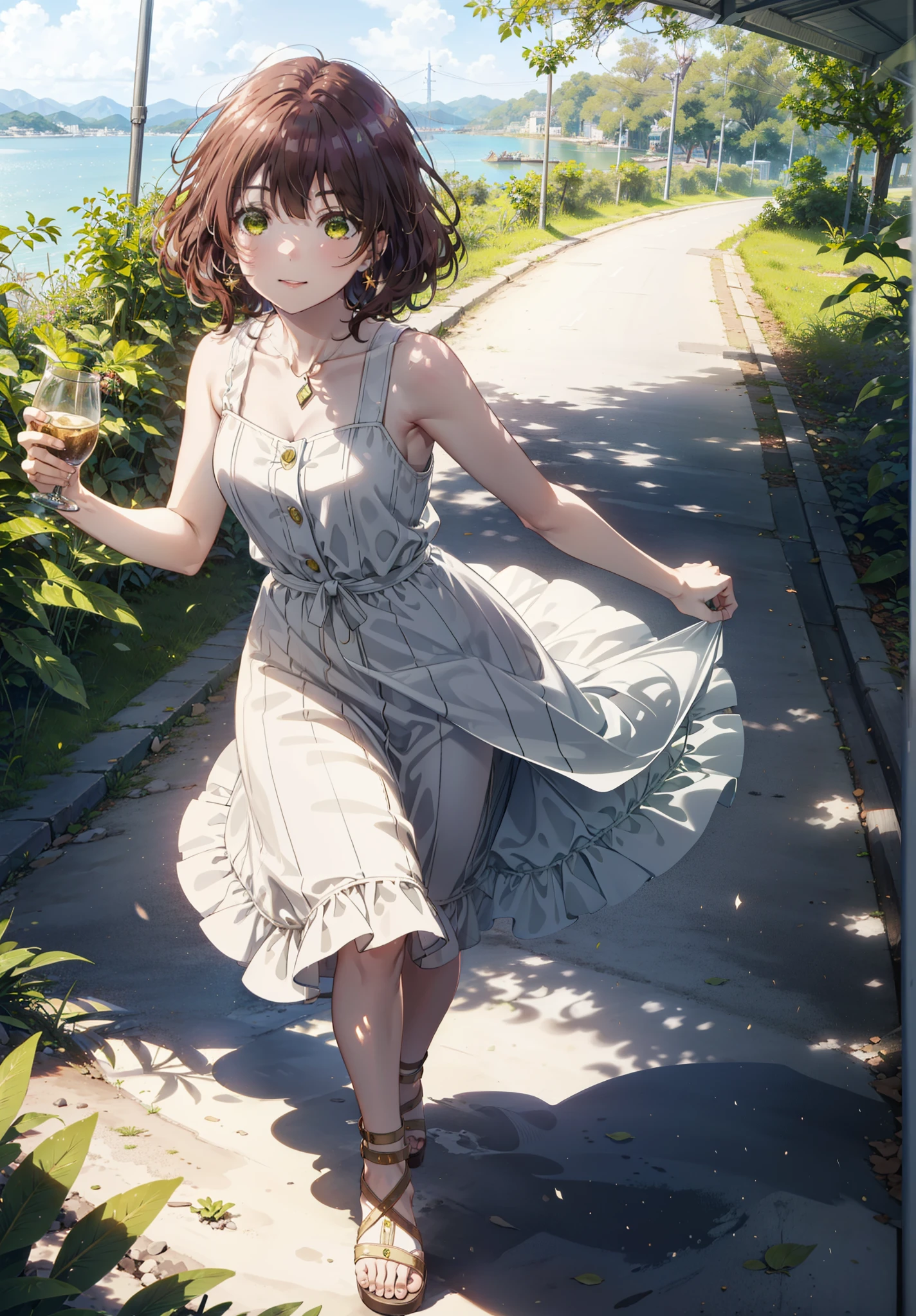 Seven days, Aoi Hinami, short hair, bangs, Brown Hair, (Green Eyes:1.5), smile,Straw hat,Sleeveless dress,Bare arms,Long skirt,Cute heeled sandals,Walking,morning,morning陽,The sun is rising,Palm tree,whole bodyがイラストに入るように,
break outdoors, Coastal Road,tropical,
break looking at viewer,whole body,
break (masterpiece:1.2), Highest quality, High resolution, unity 8k wallpaper, (figure:0.8), (Beautiful attention to detail:1.6), Highly detailed face, Perfect lighting, Highly detailed CG, (Perfect hands, Perfect Anatomy),