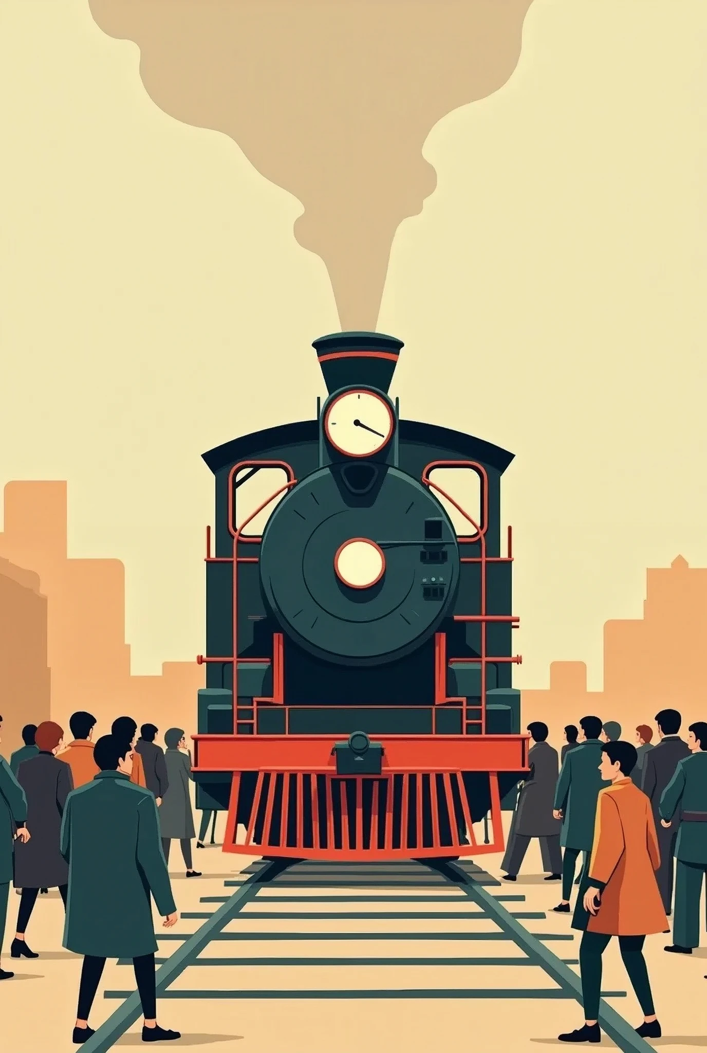 Retro Style，flat design，Many people are getting on the train，Vintage locomotive，Minimalist style，Non-realistic style，Stamp design