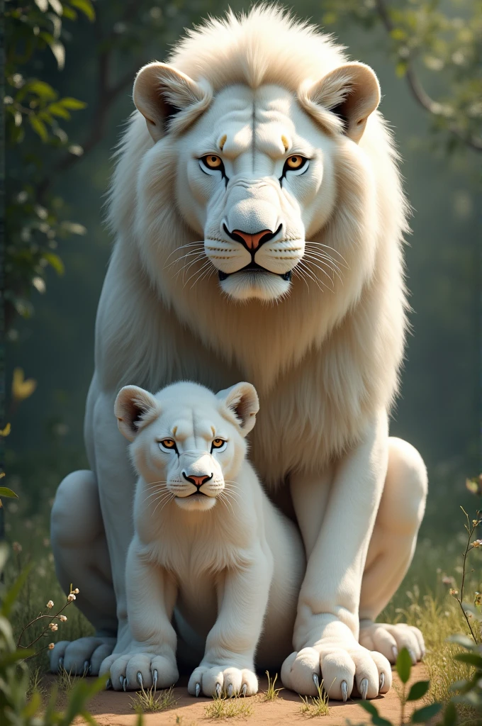 A white lioness with her cub 