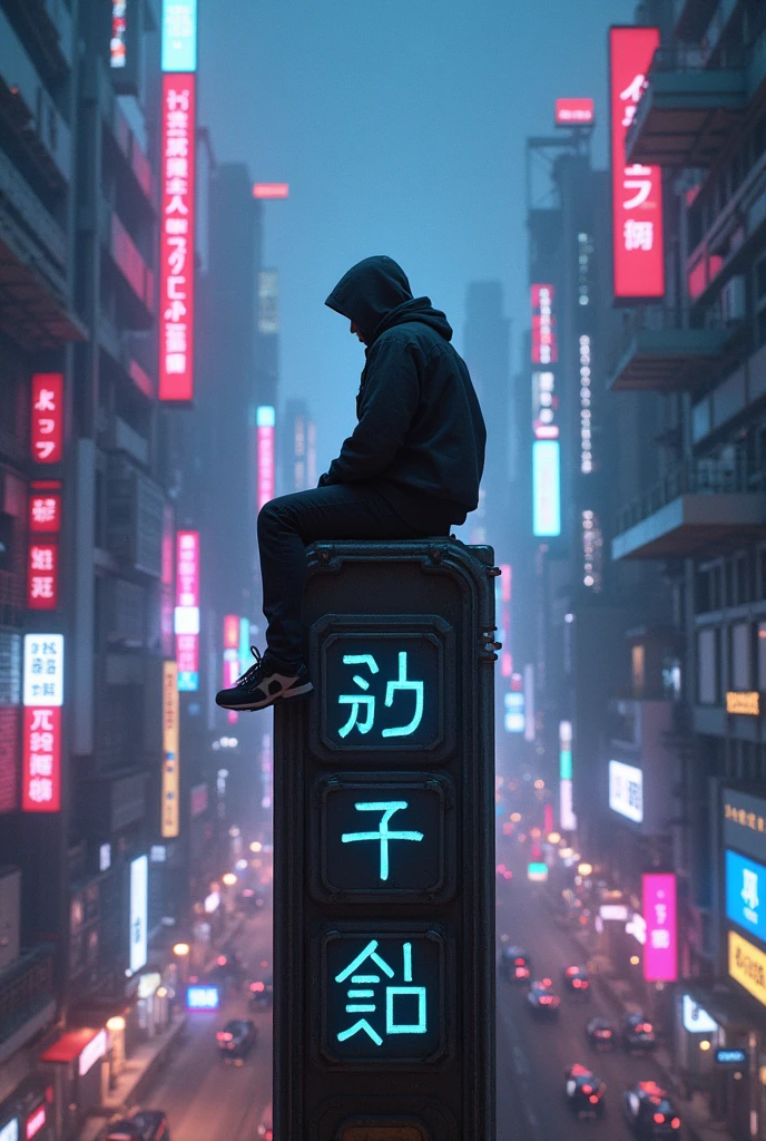 Neon city, city, a man wearing a hoodie is sitting on a sign