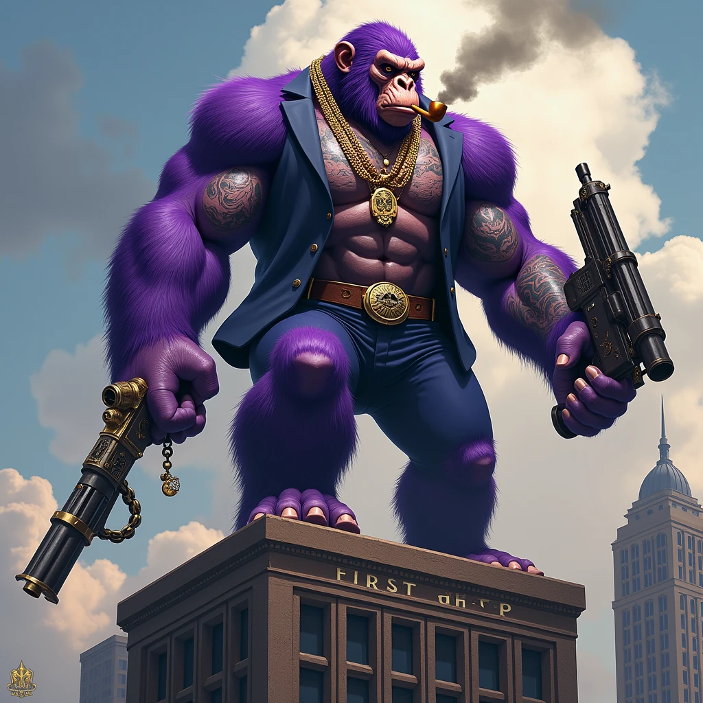 1 purple ape, on the roof of a building, With giant and high-caliber weapons, with gangster SUIT with chains, tattooed, with huge diamond and gold rings, smoking with a pipe, with letters that say "first drop"
