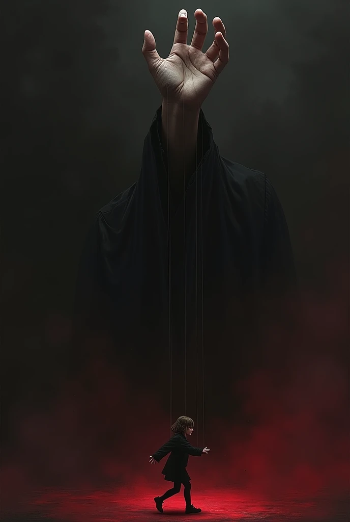 One hand is raised, with his fingers extended as if he were manipulating puppets. From his fingers hang fine threads that control a girl at the bottom of the cover, who is dressed in black and seems to be running away or resisting. the background is dark, with red and black tones, creating an ominous atmosphere. 
