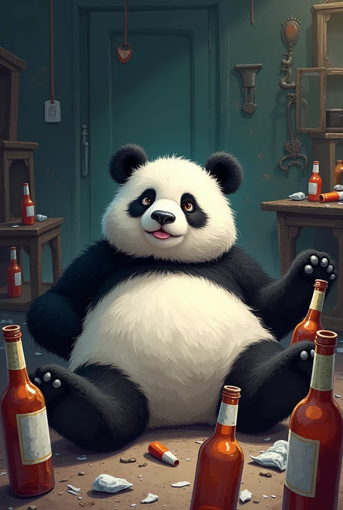 White panda bear, black and pink, completely drunk sleeping with bottles around fallen on the floor