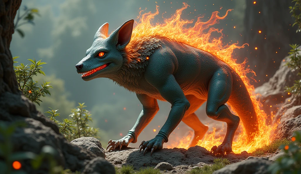 「Fire Fury」
Wolf and Chameleon Fusion。Possesses a wolf's sharp senses and a chameleon's ability to change color、Blends into the environment while being able to control fire。live-action。Real。