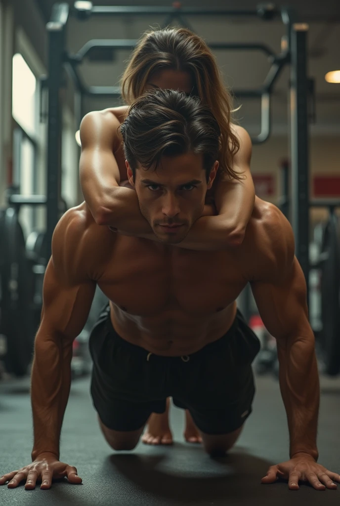 Man do a push up in gym clothes with a completely naked girl on his back