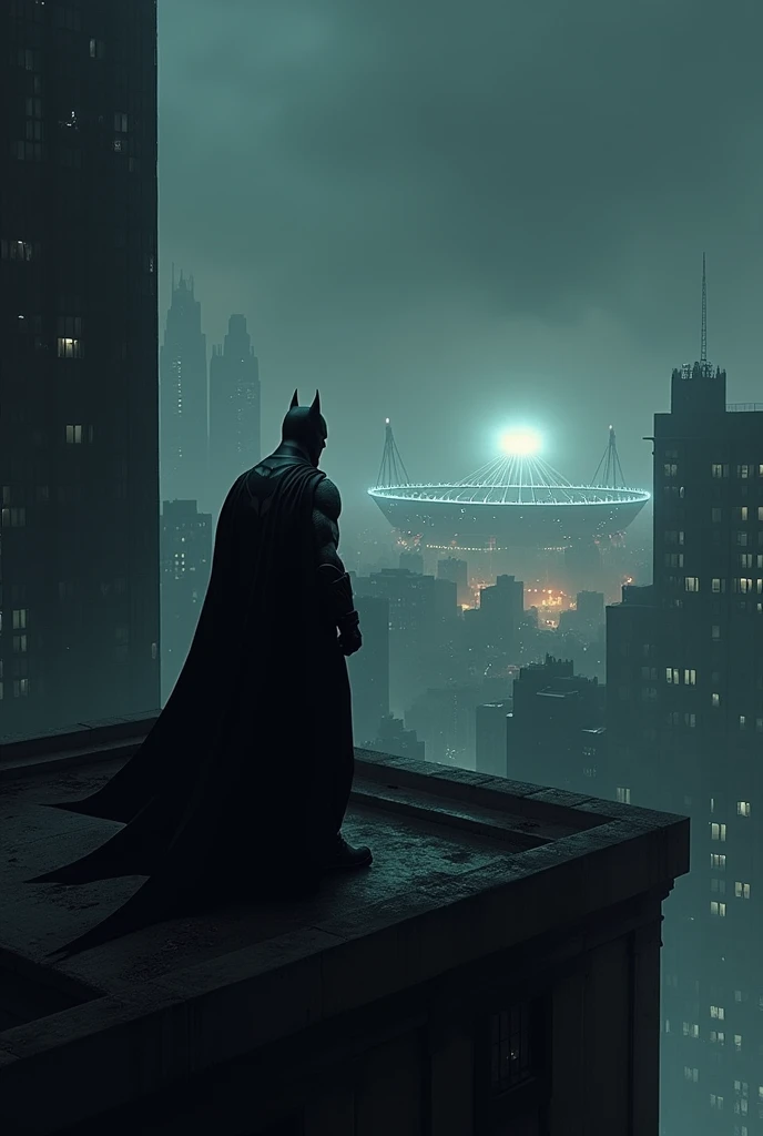 Imagine Batman on the rooftop of a tall, dark skyscraper. Thence, look towards the horizon, where the imposing structure of a stadium can be seen. The scene is shrouded in shadows, with the glow of the stadium lights shining in the distance, contrasting with the night sky. Batman, with his cape fluttering in the wind, remains in the shadows, attentively observing the activity in the stadium. The atmosphere is tense and full of mystery., reflecting the atmosphere of Gotham City.