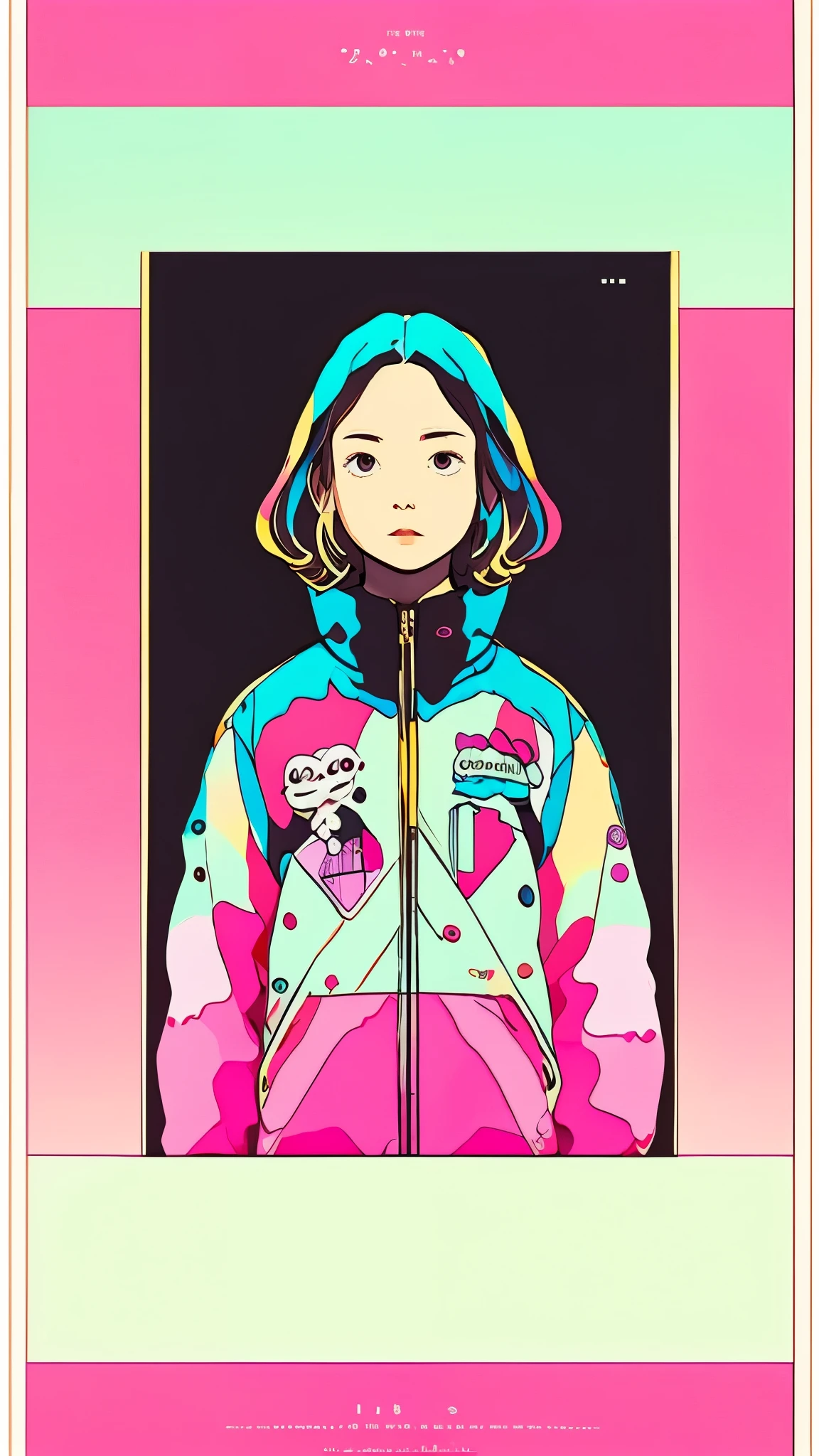 clean、Minimalist、Vector art、gradient cake scary hair、whiteいテックウェアの服、Tactical clothing（gold、white）、strong stroke around image、simple and abstract design paper cute background、Solid color background、Or pastel colors、
