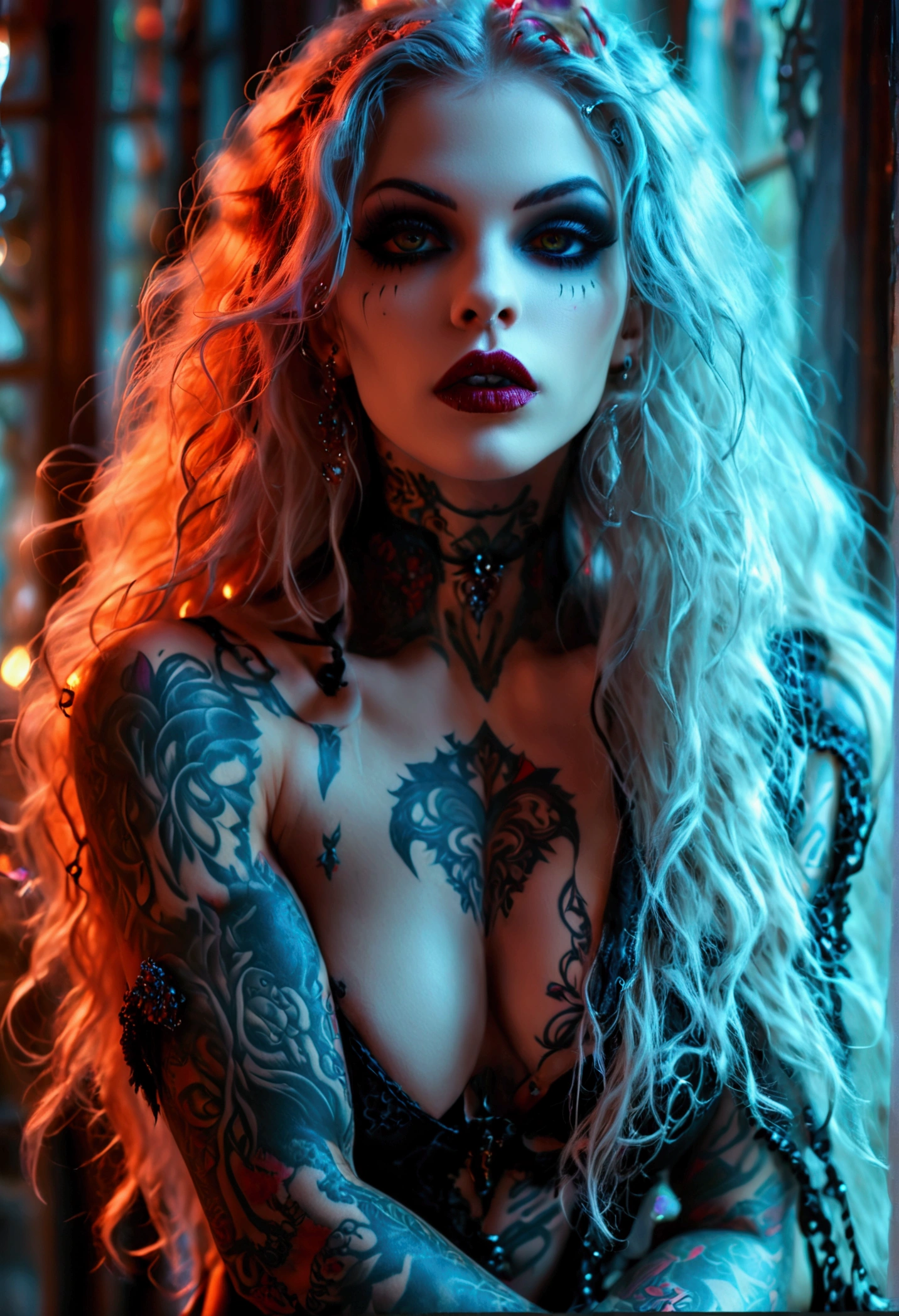 Create a hyper detailed photograph of a tattooed muscular young sexy goth vampire girl, Stunningly perfect gorgeous feminine face, perfect makeup, detailed vibrant eyes, long flowing hair, big beautiful muscular legs, big beautiful muscular arms, perfect hour glass body figure, detailed smooth skin, large breast, perfect round ass, complete full body view,