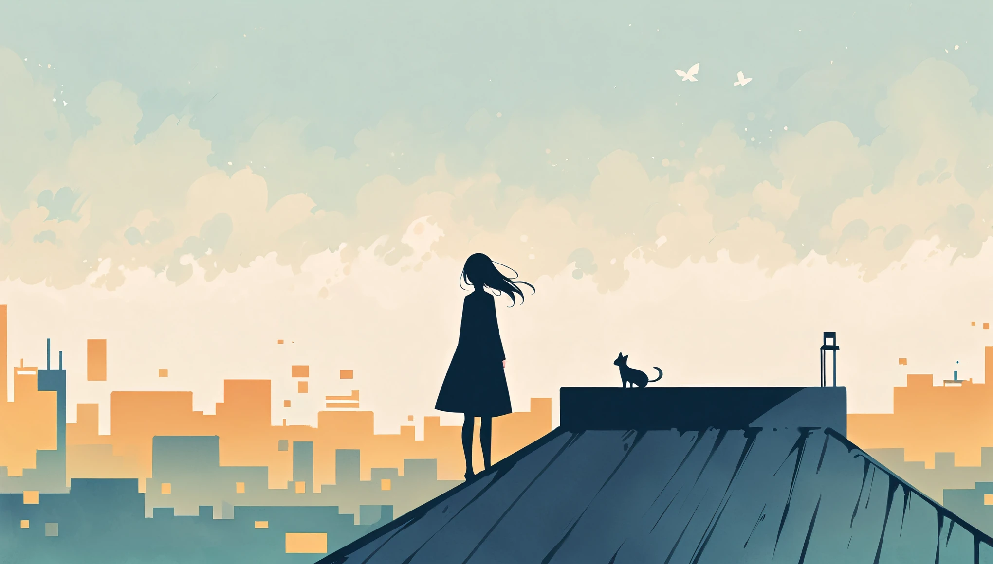 Standing on the roof,Girl on the Rooftop,Simple lines,Minimalism,Abstraction,Urban Background