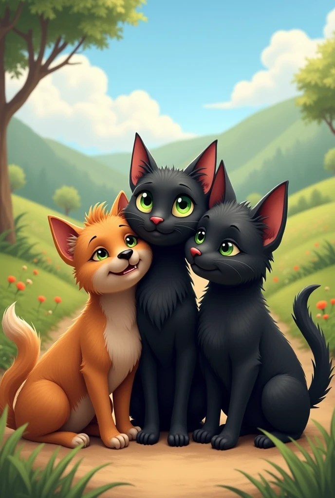 a black cat, a caramel dog and a black dog friends