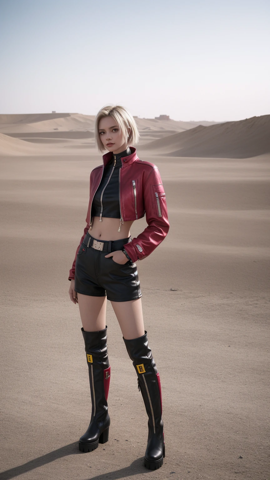 A girl posing in front of a deserted wasteland:1.3. she is wearing dust, colorful outfits with a futuristic, cyberpunk aesthetic. The overall mood is playful and energetic. Silver boots, blonde wolfcut hair, jean Paul Gaultier, clut studio, the themed color is black and red maroon
