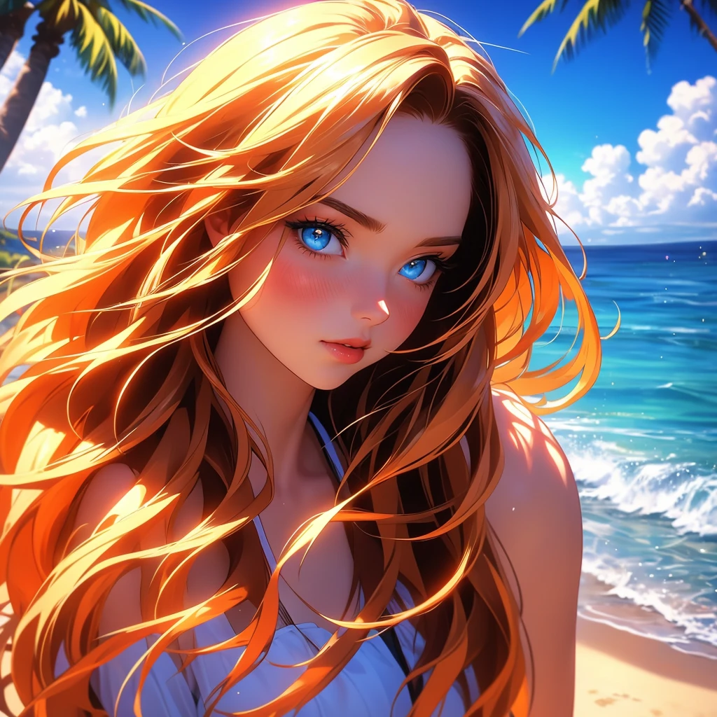a beautiful woman in a white bikini standing on a beach, looking directly at the viewer, with long blonde hair blowing in the wind, blue eyes, and a slight blush on her cheeks, surrounded by palm trees, a cloudy blue sky, and waves crashing against the shore, masterpiece, photorealistic, ultra-detailed, hyper-realistic, 8k, cinematic lighting, vibrant colors, dramatic composition, (Perfect details:1.1), (Beautiful and clear background:1.2), (Extremely detailed CG, Ultra detailed, best shadow:1.1), (Finely detailed beautiful eyes)