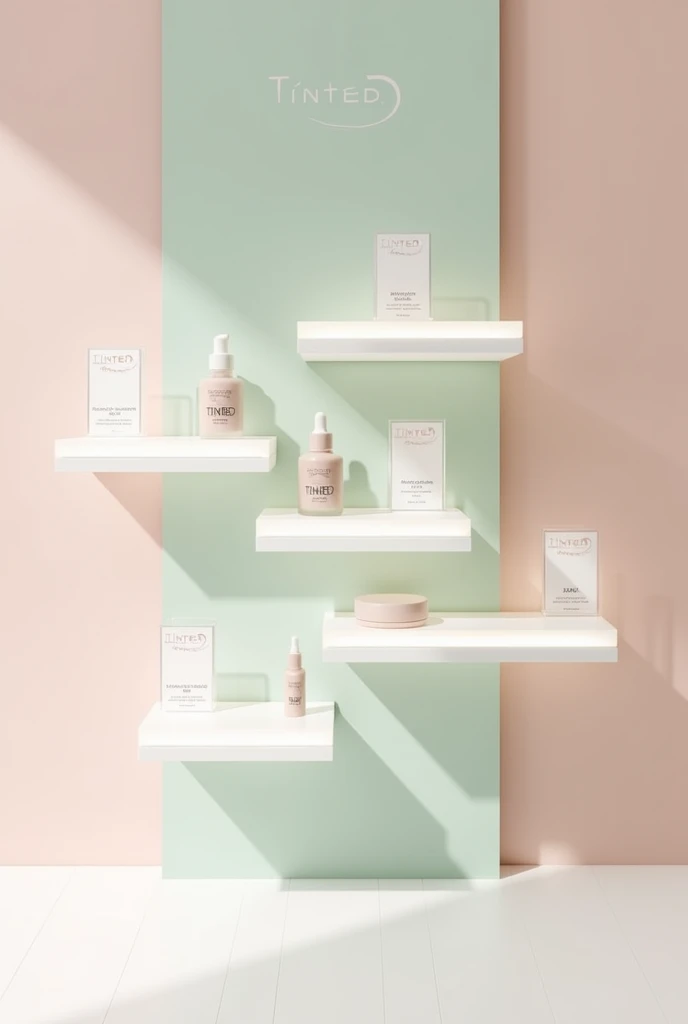 For a minimalistic display for "Tinted," here's a schematic idea you can use:
1. **Walls**: Use a soft pastel color (e.g., light pink or mint green) to create a calm backdrop.
2. **Shelves**: Install simple, white floating shelves with clean lines. Arrange them in staggered or grid patterns to avoid a monotonous look. Ensure there's ample space between shelves to prevent clutter.
3. **Product Placement**: Place Tinted serums on the shelves with space between each product. Consider using clear acrylic risers or stands to give them a floating effect and enhance visibility.
4. **Lighting**: Add built-in LED lights under each shelf to highlight the products and create a soft glow around the display.
5. **Information Panels**: Incorporate small, minimalistic information panels or digital screens near the shelves to provide details about the serums. Use a simple font and pastel-colored text.
6. **Flooring**: Opt for a clean, light-colored flooring material, like white or light wood, to maintain a fresh and airy feel.
You can sketch this concept with a focus on clean lines, open space, and pastel accents to align with the minimalistic aesthetic of the Tinted brand.
