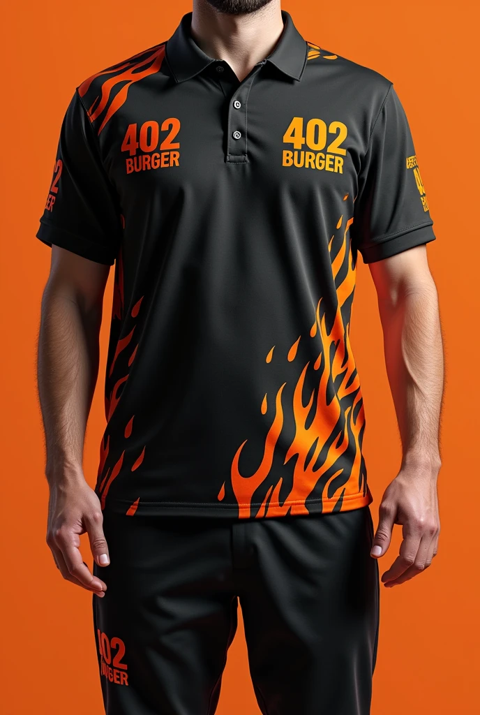 Design a complete uniform for a burger restaurant with the 402burger logo in black and orange with a polo-style t-shirt and jogger pants that are creative, Urban and disruptive with creative designs and flames on the sweatshirt and t-shirt