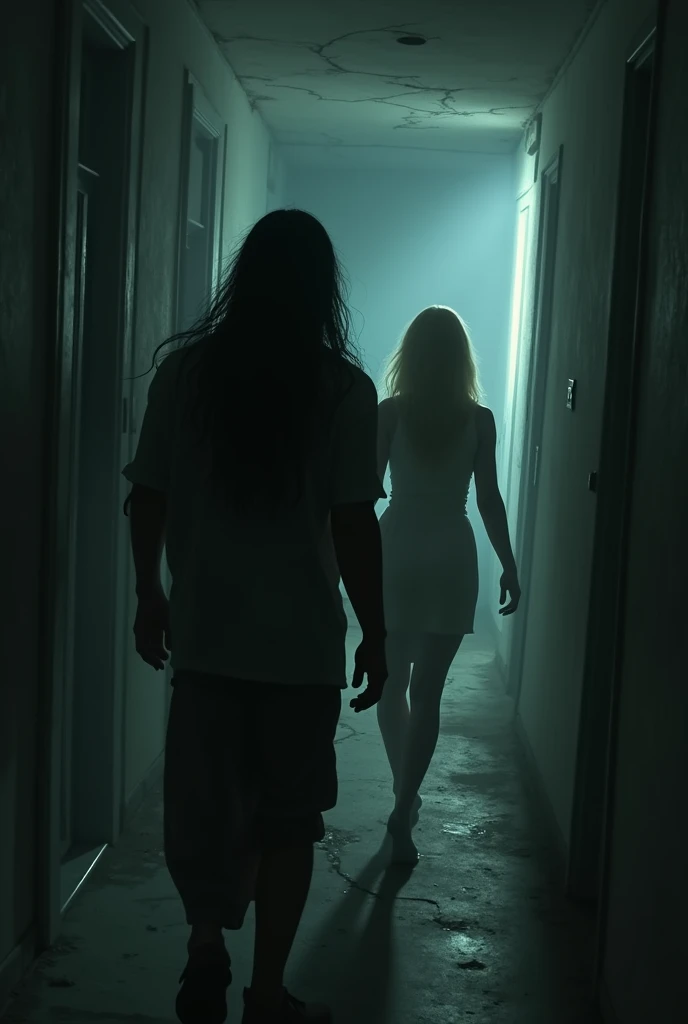 back view of a dark skin Filipino man with long hair and a blonde woman in a hallway, nightmare 