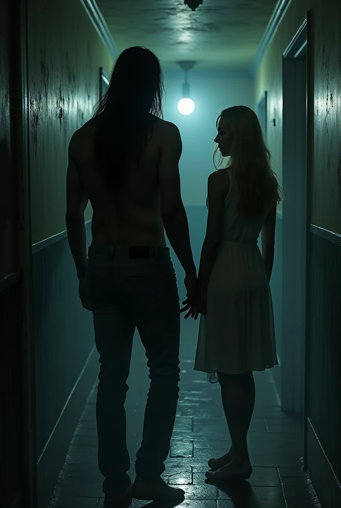 back view of a dark skin Filipino man with long hair and a blonde woman in a hallway, nightmare