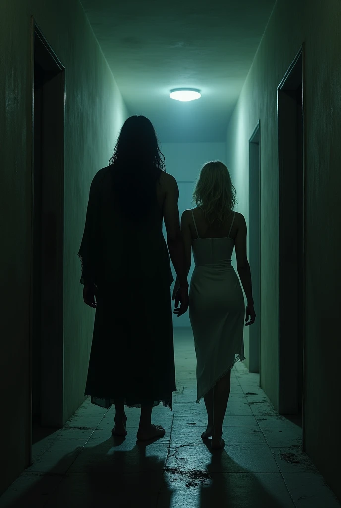 back view of a dark skin Filipino man with long hair and a blonde woman in a hallway, nightmare