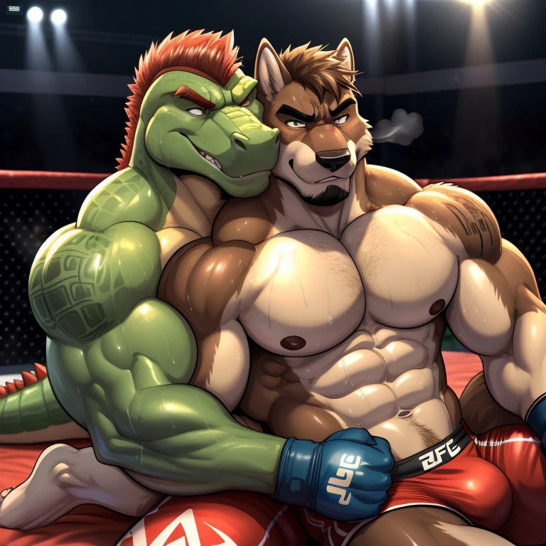 Duo male(Brown Wolf vs Green Gator, handsomes, handsome hairstyle, Thick eyebrows, detailed face), gay(Lying down, cuddling embraced from behind, body with body, wrestling each other, on a bed match), hot(Shirtless), handsomes(They are handsomes, correct anatomy), musculosos(muscle bodies, Six packs, muscle abs, big pecs), sweaty(very sweaty wet bodies, shiny sweat), tatuajes(they have tattoos), grumpy(Both have an grumpy expression, grumpy teeths, steaming breath), UFC gloves(They both are wearing UFC gloves), Hight resolution, by(Zourik:1.1)