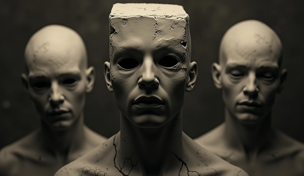((Very old photograph only in sepia color)), Surreal, monochromatic image featuring three individuals with unique and striking appearances. The central figure has a large, cube-like structure covering their head, with a single, prominent eye in the middle. Their skin is pale, and they have dark, bold lips. The texture of their clothing appears rough and uneven. Flanking this central figure are two bald individuals with cracked, porcelain-like skin, giving them a doll-like appearance. The background is dark and textured, adding to the eerie and otherworldly atmosphere of the scene, horrified, terrified, insane, disgusting, disturbing, disturbing, Impactful, vintage, old film, (inspired by Zdzislaw Beksinski and Wayne Barlowe), cgsociety, 1920, art deco, 1920s, hyper-detailed, 1920s Hellraiser film, digital illusions, retrofuturistic, cyberspace, photorealistic, arts visuals inspired by Fritz Lang. ((cinematic film)), Ultra detailed, chiaroscuro, RAW photo, cinematic, artstation style, concept art, masterpiece, 8k, black and white, realistic textures, 3D rendering