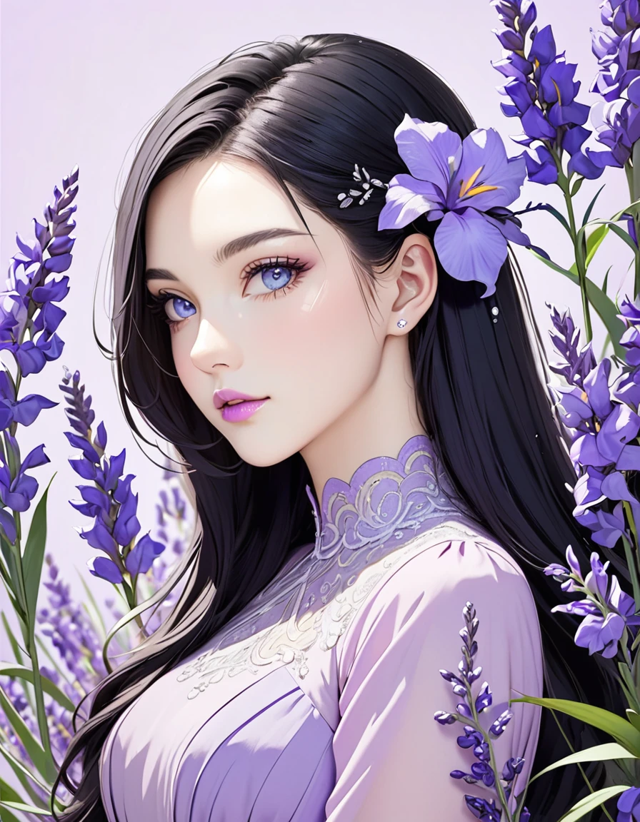 Beautiful woman with long black hair, side-swept bangs, sparkling blue eyes, light pink lips, fair skin. Elegant but modest lavender dress. Purple iris flower background