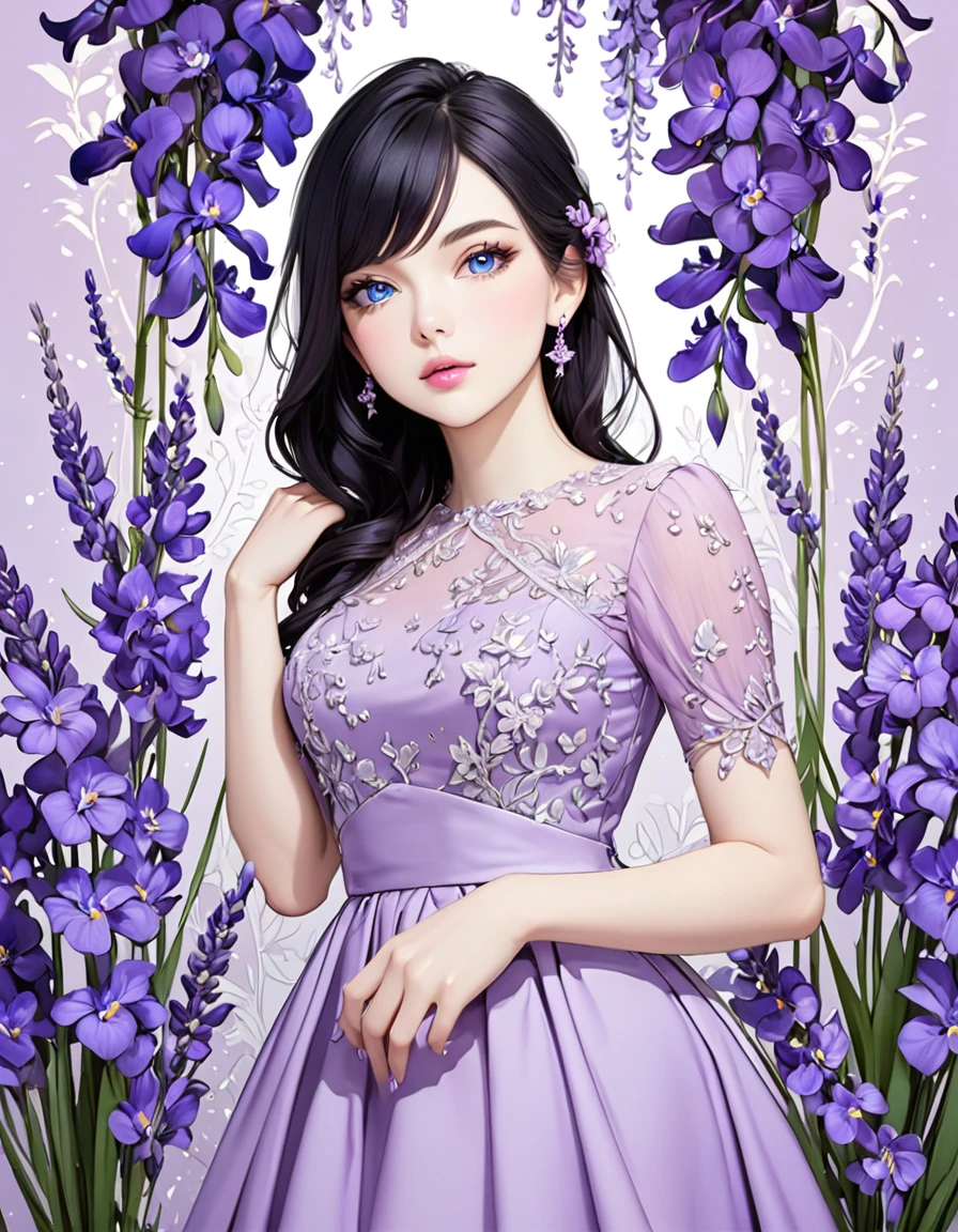 Beautiful woman with long black hair, side-swept bangs, sparkling blue eyes, light pink lips, fair skin. Elegant but modest lavender dress. Purple iris flower background