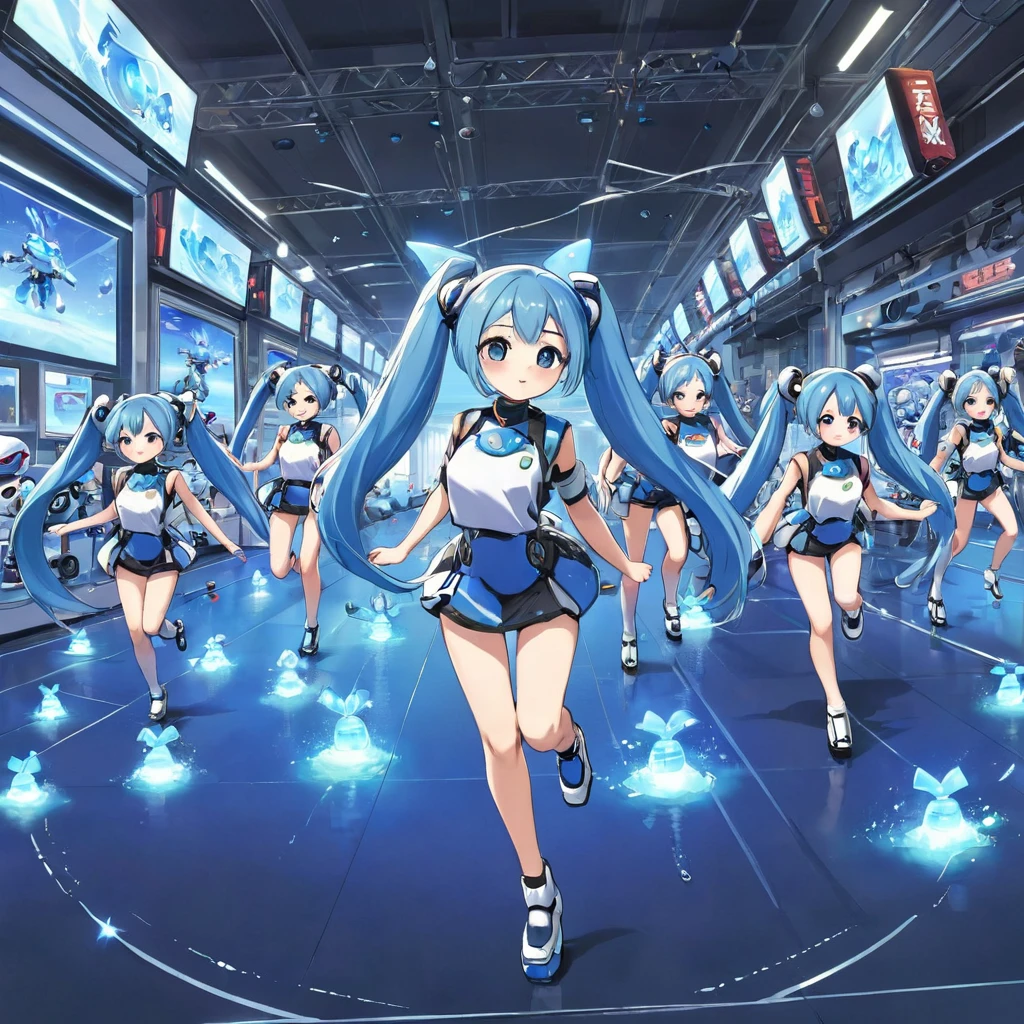 Light blue long hair、Beautiful girl with twin tails、There are many small robot girls lined up around.、The robots all start running at once.、Splash Art