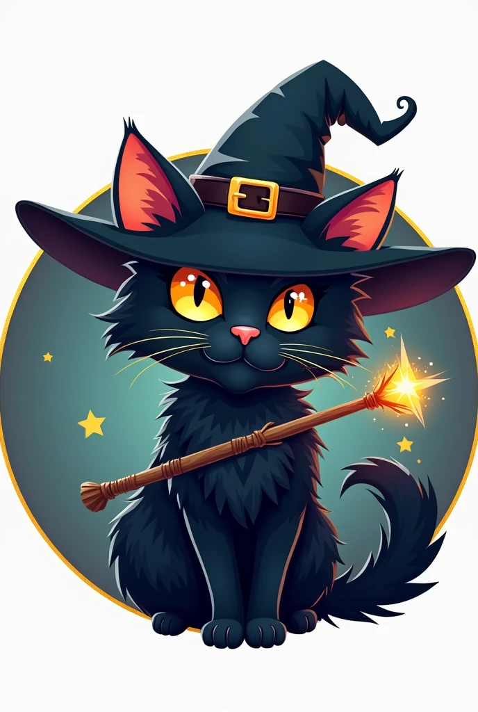 Make a round logo with just a witch hat on a cute black Persian cat with yellow eyes and a magic wand 