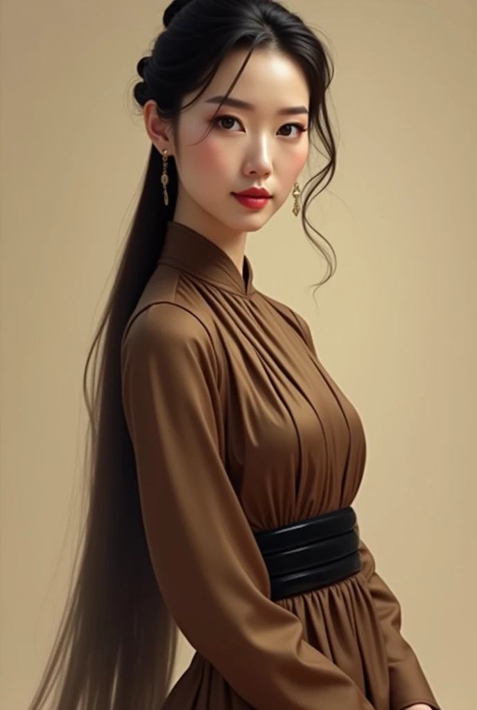Very Realistic Elegant Woman's Body with skin-colored lips, hair with a ponytail, facing forward, full body beige golden color, brown dress with black details, Chinese nationality, black eyes, same person from a moment ago  