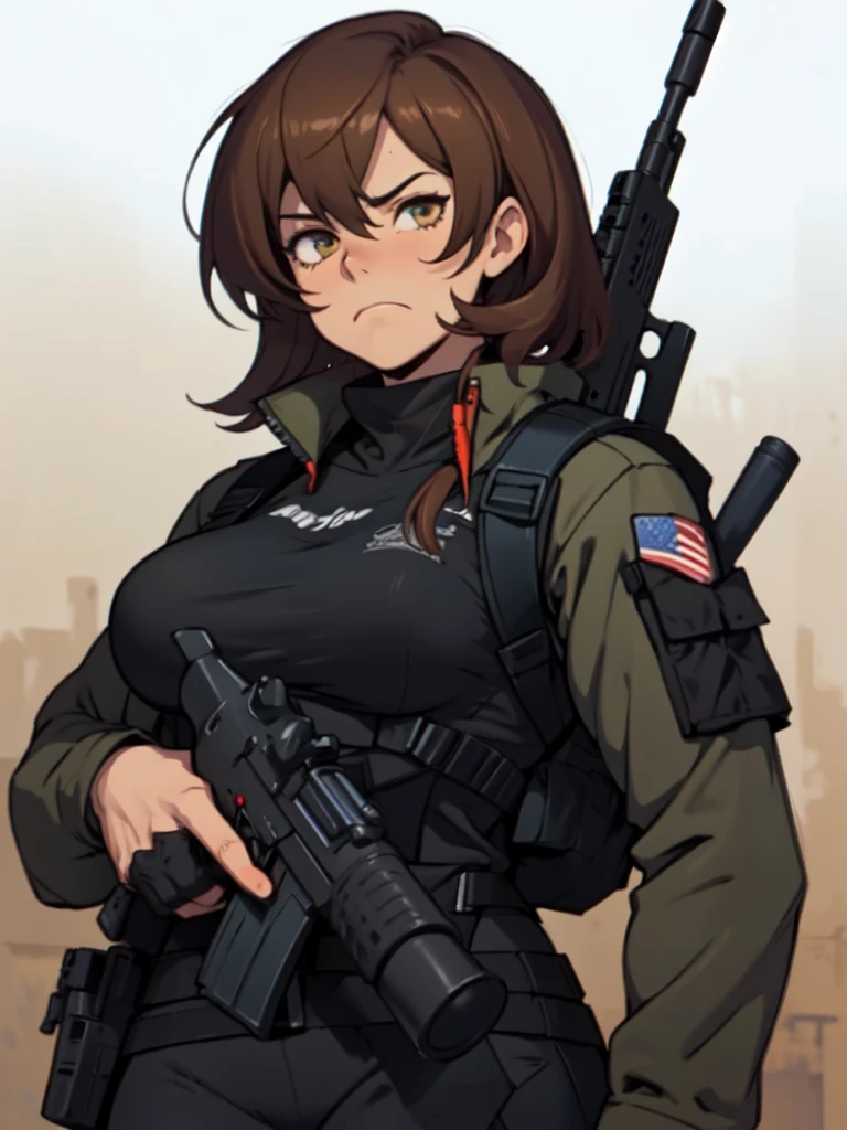 brown hair hazel eyes solo muscular girl toned body perky breasts empty eyes frown thick pale skin shooting range weapon gun firearm tactical gear shooting range weapon gun firearm tactical gear shooting range weapon gun firearm tactical gear