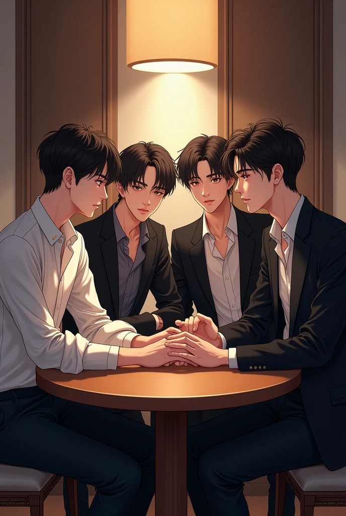 The atmosphere of the picture is like a shojo manga.、Four handsome men are sitting on chairs, leaning on a table, deep in thought.