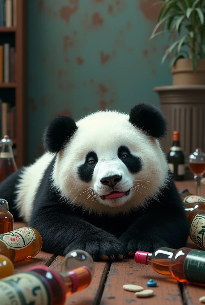 White panda bear, black and pink lipstick, completely drunk sleeping with bottles around fallen on the floor 