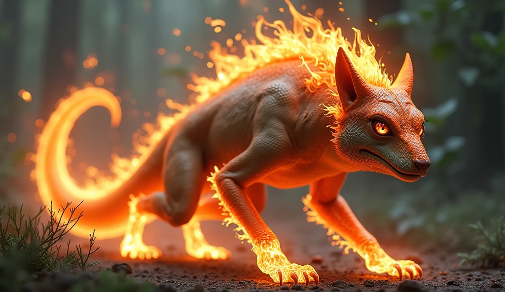 「Fire Fury」
Wolf and Chameleon Fusion。Possesses a wolf's sharp senses and a chameleon's ability to change color、Blends into the environment while being able to control fire。live-action。Real。