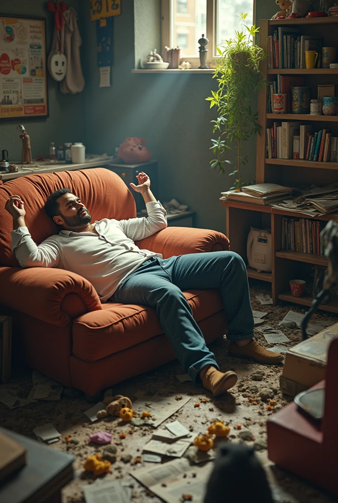 Man on a couch lying down lazily with everything in the rodent's messy surroundings in detailed 8k

