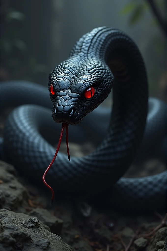 a black snake with red eyes approaching 