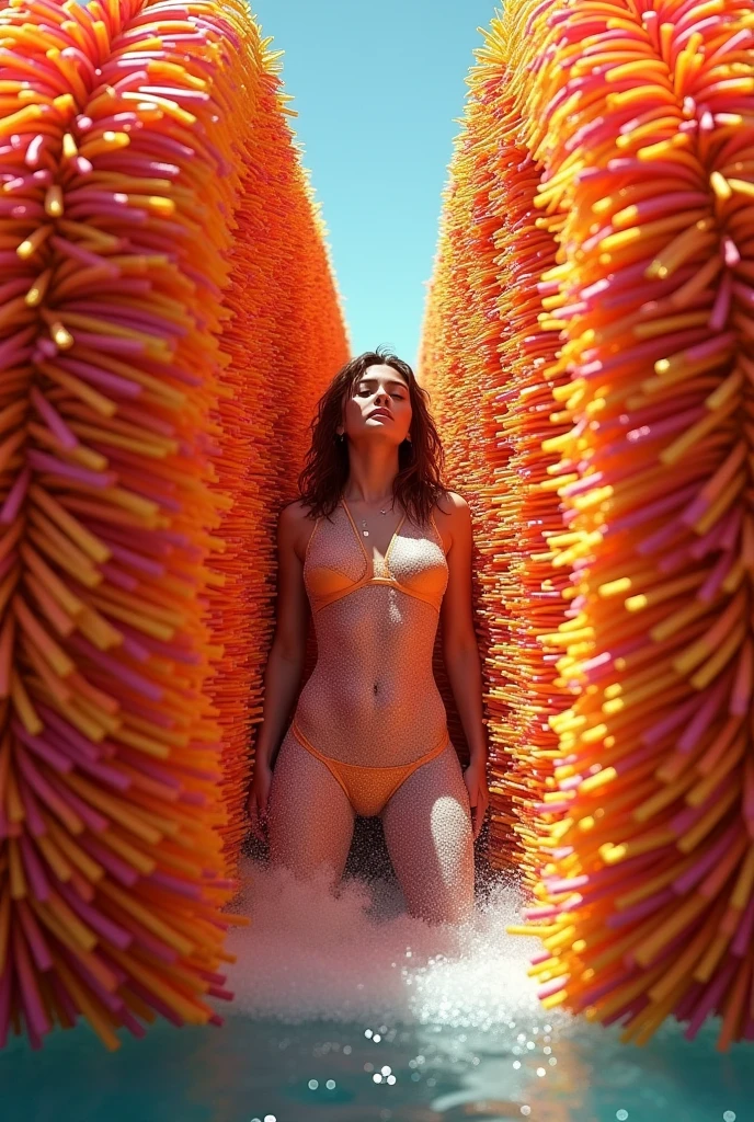 Two thick poles, resembling the brushes of a car wash machine, are perfectly aligned and closely spaced, covered from top to bottom with densely packed, ultra-fine colorful brushes.。A woman in a swimsuit, sandwiched between and being squeezed, covered in detergent bubbles.