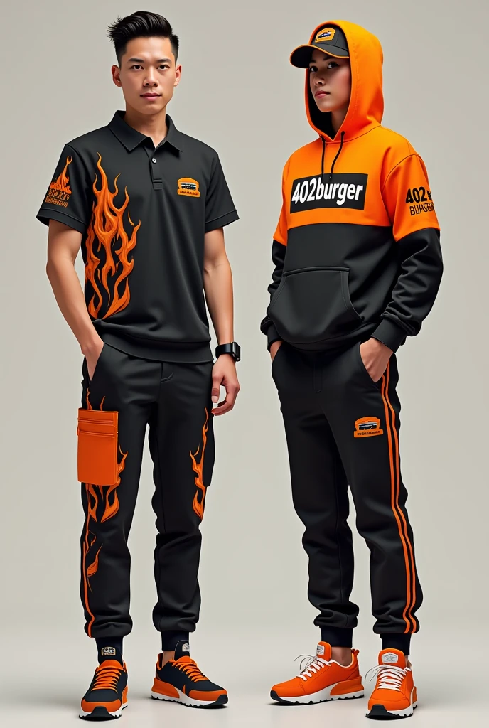 Design a complete uniform for a burger restaurant with the 402burger logo in black and orange with a polo-style t-shirt and jogger pants that are creative, Urban and disruptive with creative designs and flames on the sweatshirt and t-shirt