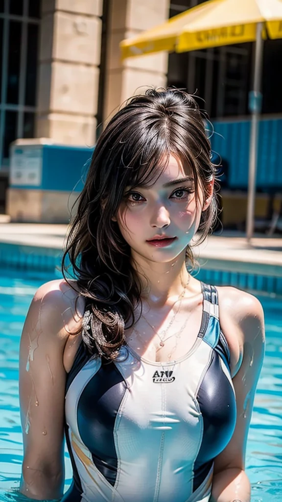 ((Beautiful Face:1.4)), (Purelos Face_v1: 1.0), (((Upper Body))),Highest quality, masterpiece, Ultra-high resolution, (Realistic: 1.4), RAW Photos, 1 person, Black Hair, Glowing Skin, Wet body, Dramatic lighting, whole body, (((One-piece swimsuit for athletes))), huge,big breasts